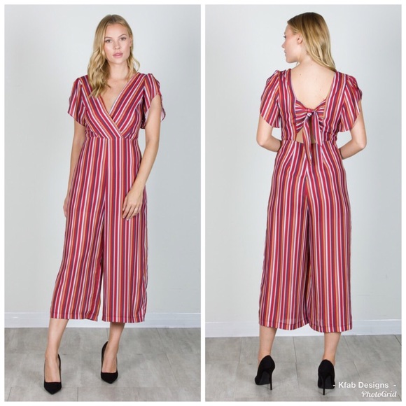 🥰RED Striped Back Tie Cropped Wide Leg Jumpsuit! - Picture 2 of 8